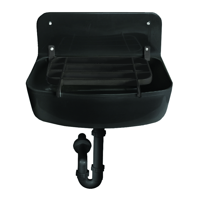Black plastic cleaner's sink with traps and with plastic grid