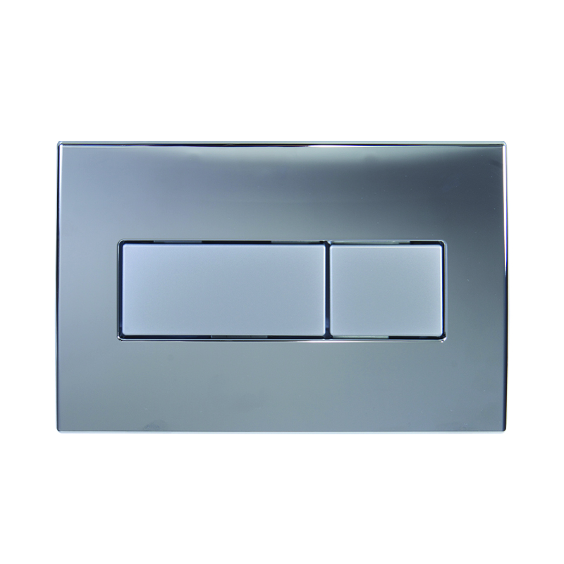 Flush plate with double press button, square design, chrome covered polished frame and brushed button 