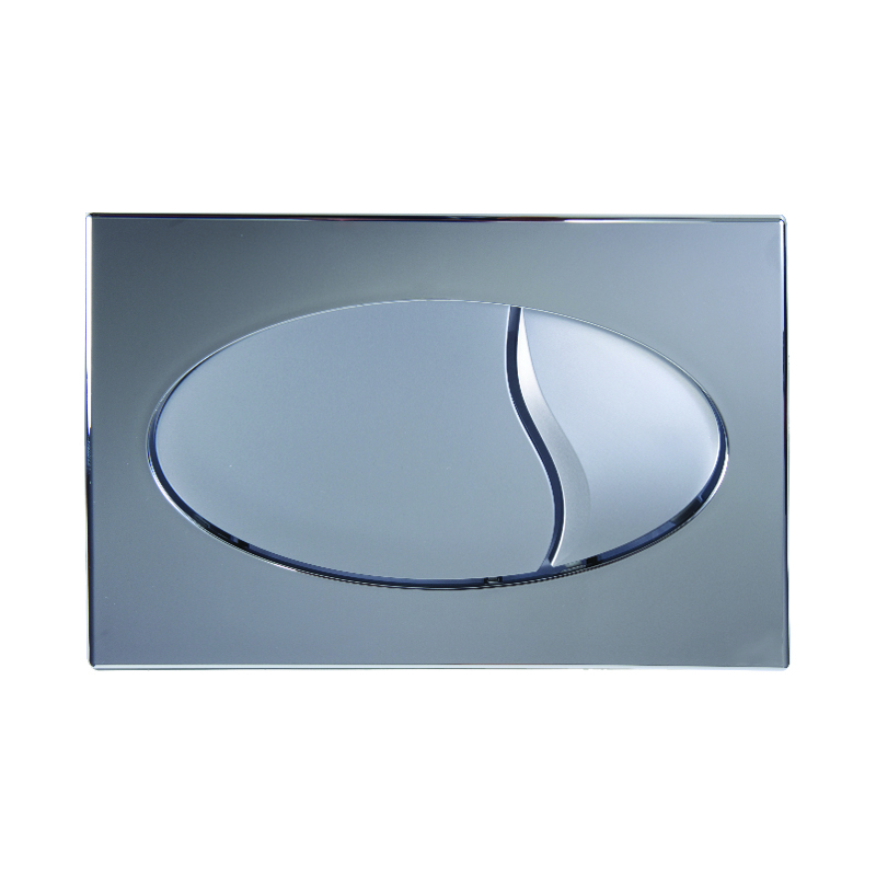 Flush plate with double press button, oval design, chrome covered polished frame and brushed button 