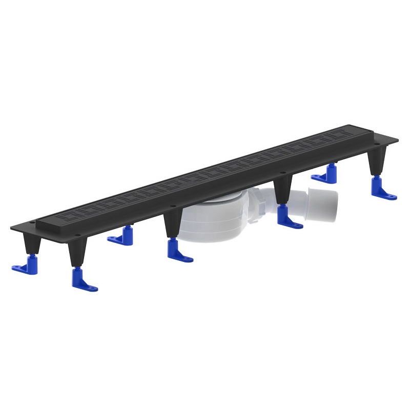 Zuhanyfolyóka egyenes, 700 mm-es DOMINO rozsdamentes keskeny fedráccsal (univerzáis alsó-, vagy oldalsó elfolyással), fekete